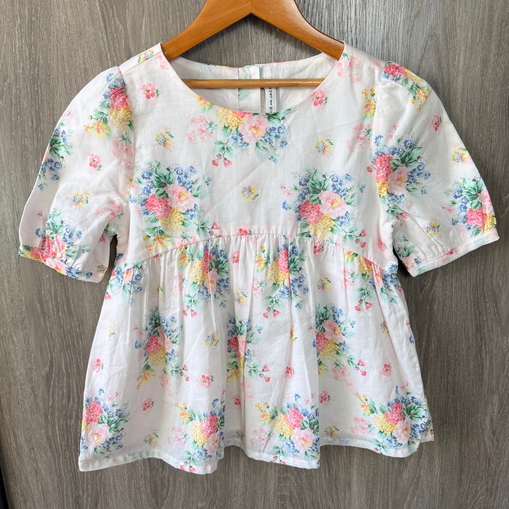 Janie and Jack Floral Babydoll Top Girl 10 Light Pink Puff Sleeve Cottage Blouse